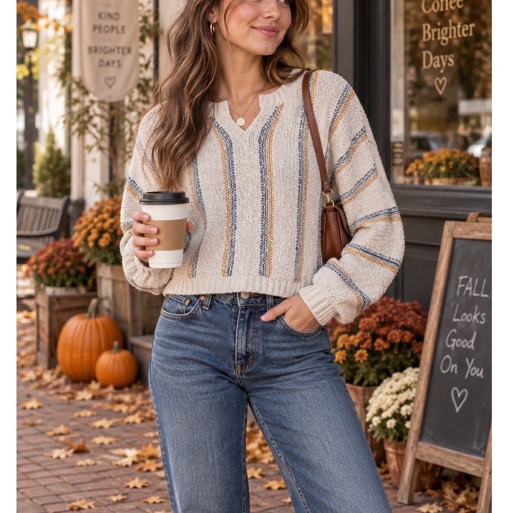 Vintage Havana Striped Knit Sweater Cream Blue Orange Notched V-Neck CC8290 S